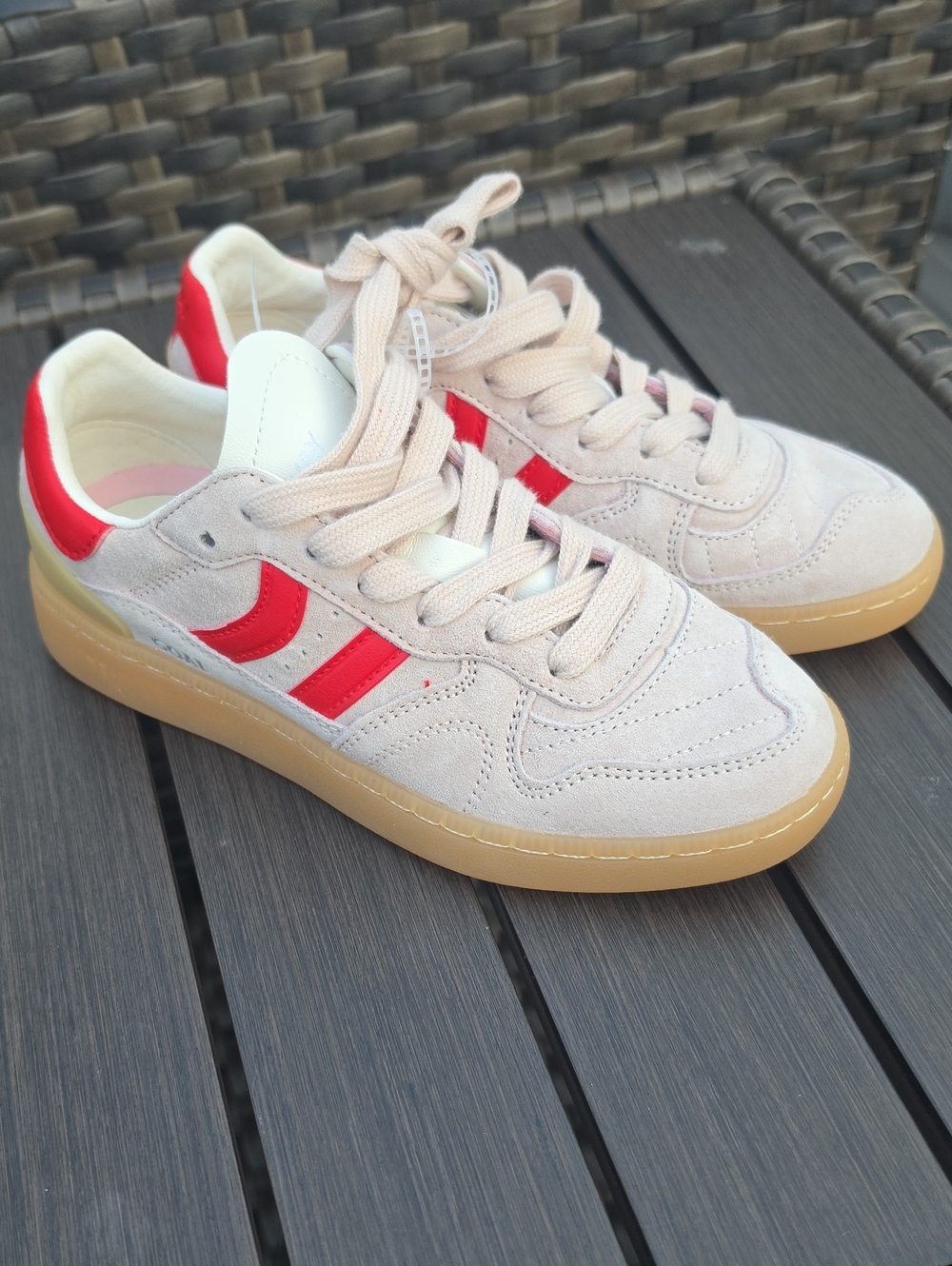Coolway Beige Suede Sneakers with Red Accents